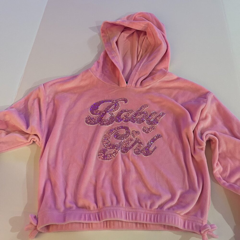 Girls First pink velour cropped hoodie, BABY GIRL in pink sequins, size 10
